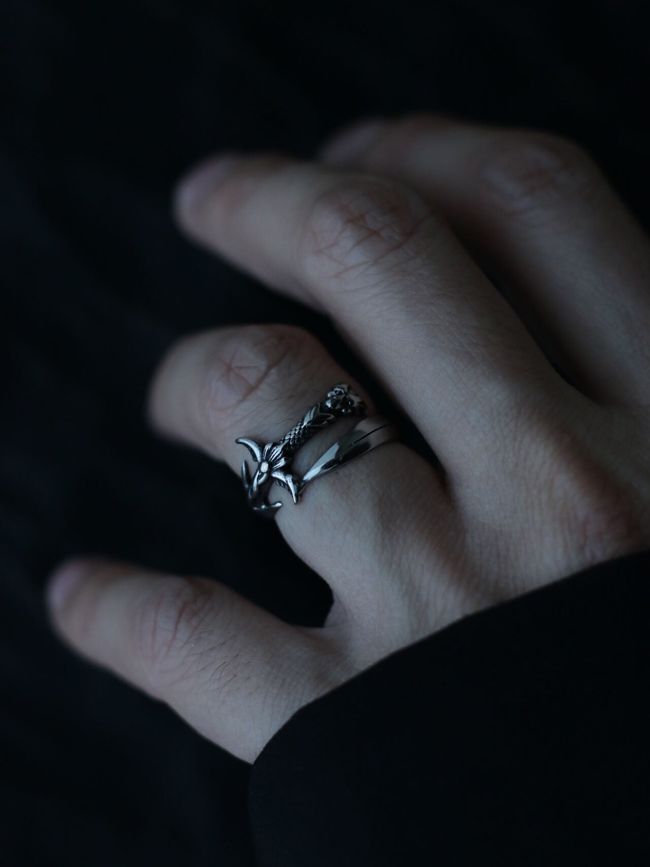 Model photo is a different item. Defaulting to a finger photo description for relevance.): Stacked silver spirit blade ring on model's finger, adjustable katana style wide band ring, meaningful inspirational jewelry gift for her, Monora Studio streetwear.