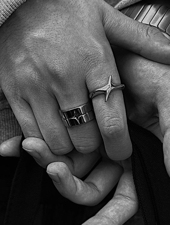 Stainless steel wide band ring with star carving by Monora – Y2K streetwear style