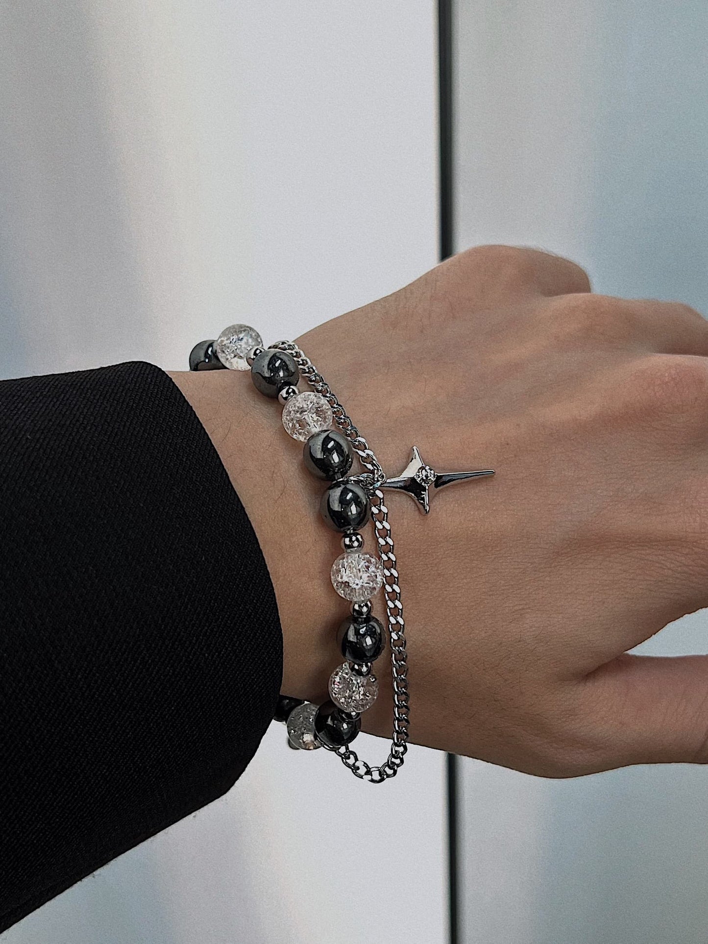 layered bracelet with black and clear beads and star pendant, y2k style dual chain beaded bracelet, punk cosmic bracelet with adjustable size