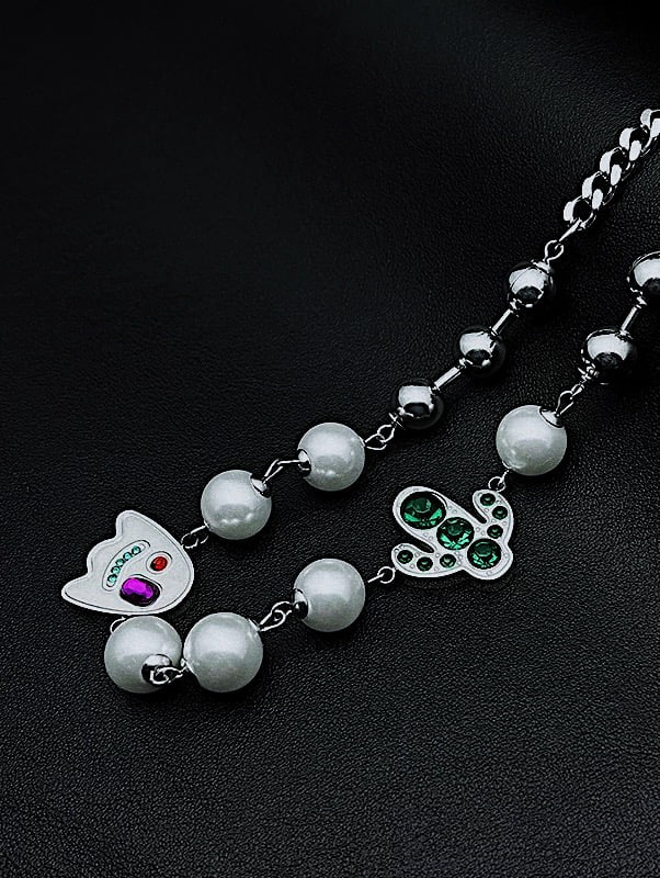 Monora Y2K Pearl Necklace with Ghost and Cactus Charms – Stainless Steel & Enamel Streetwear Choker