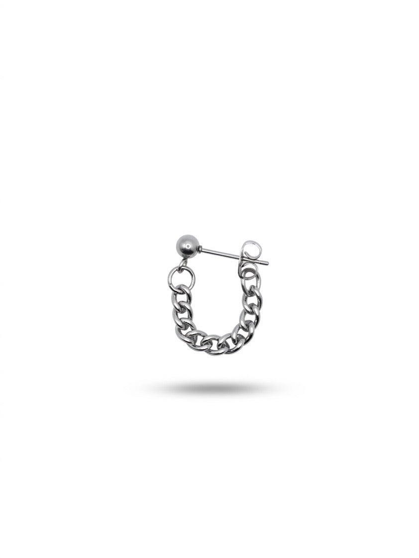 Minimalist stainless steel U-shape chain earring with ball stud, waterproof surgical grade jewelry for men and women, professional product photo.
