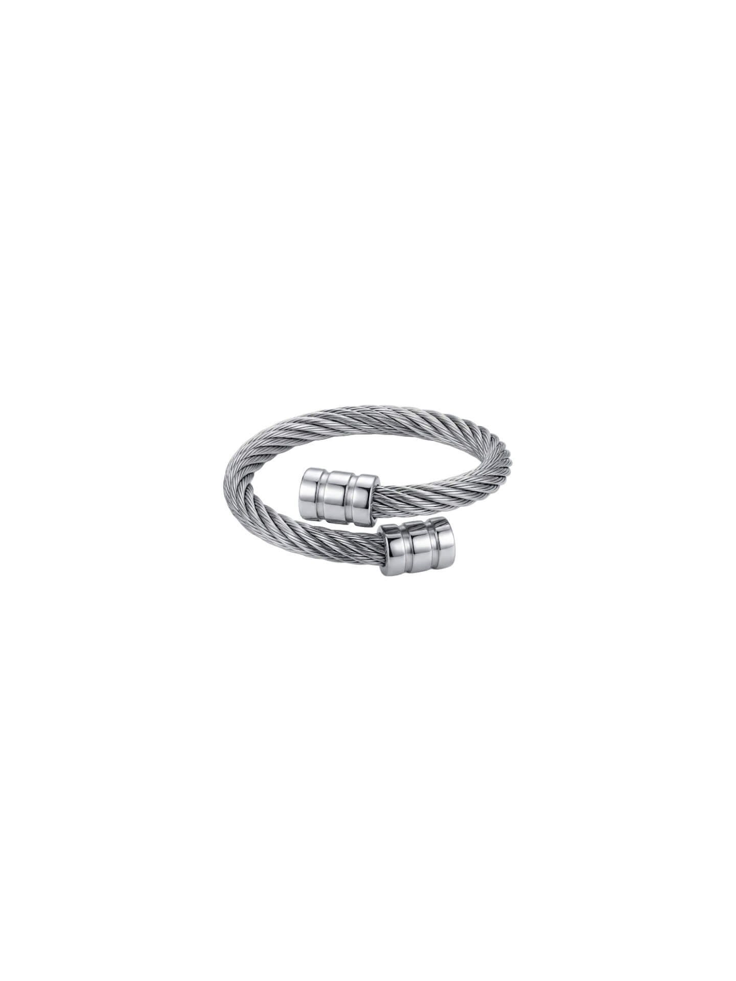 Adjustable stainless steel cable ring with textured wire pattern and bypass design, polished silver industrial jewelry detail, high-quality durable fashion accessory, Monora Studio.