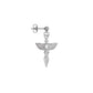 Intricate silver angel wing sword drop earrings, sculptural stainless steel feathered blade jewelry, waterproof celestial dangle earrings, Monora Studio.