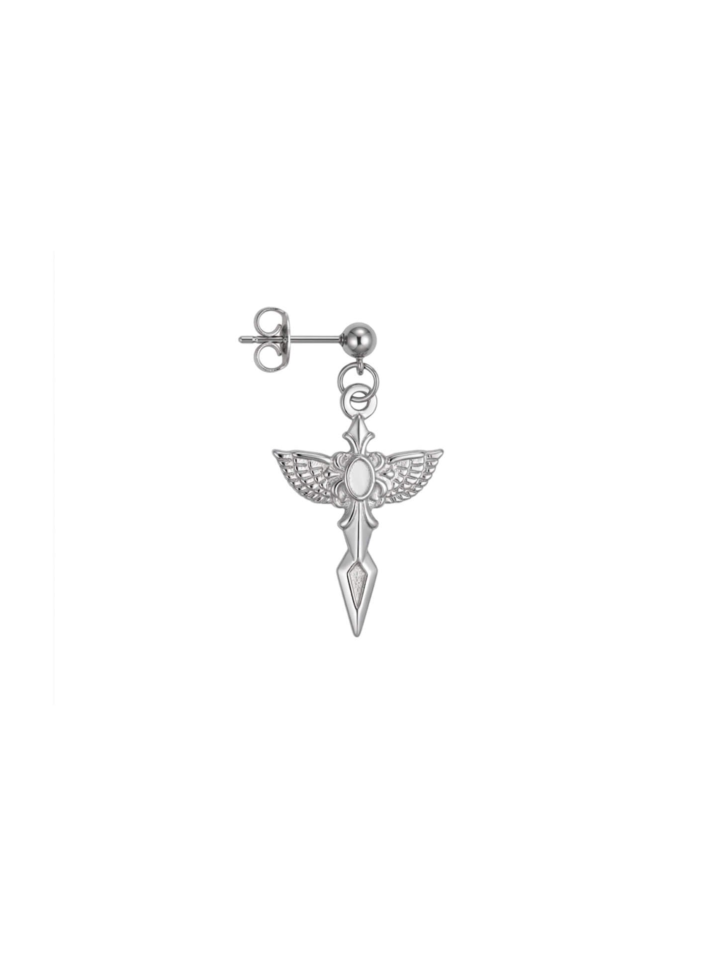 Intricate silver angel wing sword drop earrings, sculptural stainless steel feathered blade jewelry, waterproof celestial dangle earrings, Monora Studio.