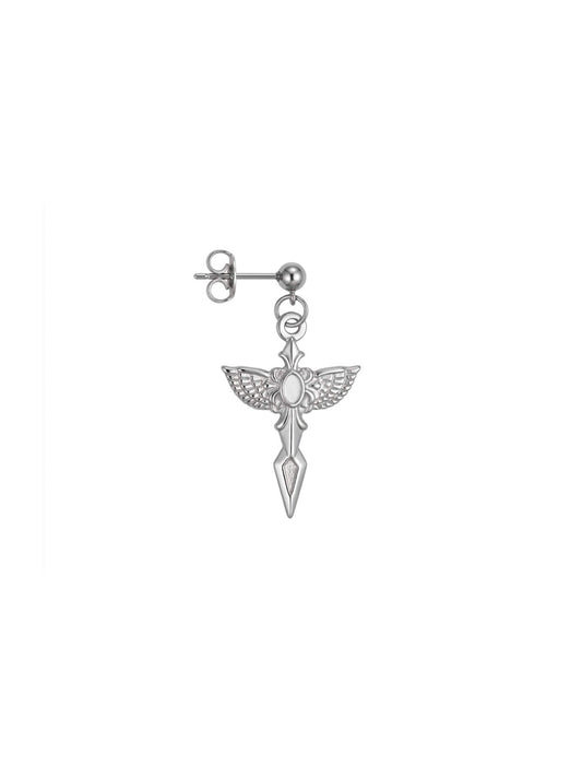 Intricate silver angel wing sword drop earrings, sculptural stainless steel feathered blade jewelry, waterproof celestial dangle earrings, Monora Studio.