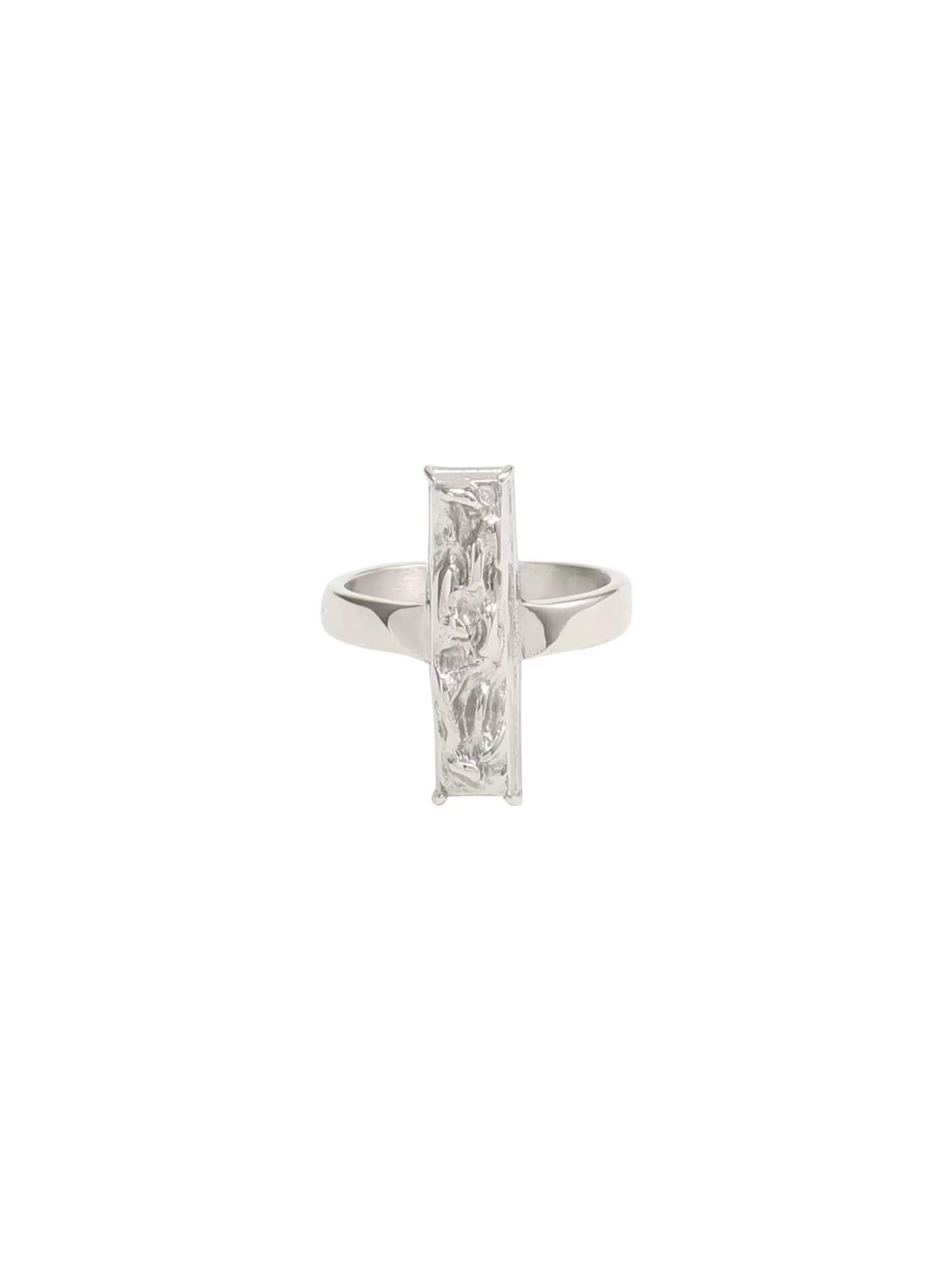 Professional studio shot of silver color brutalist geometric pillar ring on pure white background⁠