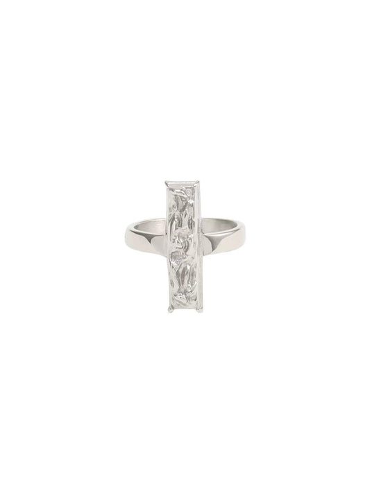 Professional studio shot of silver color brutalist geometric pillar ring on pure white background⁠