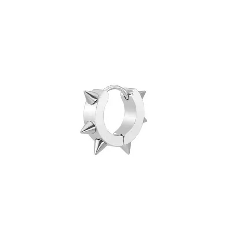 Monora Studio high-quality stainless steel spike hoop earring, hypoallergenic hinged closure, edgy minimalist jewelry.