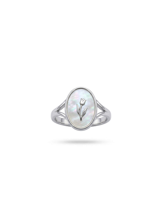 Monora Studio Mother of Pearl signet ring, showcasing natural organic textures and high-polish silver finish.