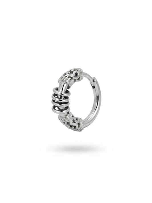 Intricate gothic engraved stainless steel hoop earring with moving coil details, industrial punk silver jewelry for men and women, Monora Studio.