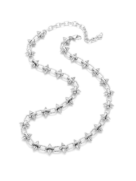 Full view of Monora Studio stainless steel spike necklace with adjustable lobster clasp, tarnish-free heavy metal grunge jewelry.
