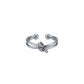 Adjustable silver knot ring with ball ends, surgical grade stainless steel waterproof jewelry, minimalist nautical knot design on white background.