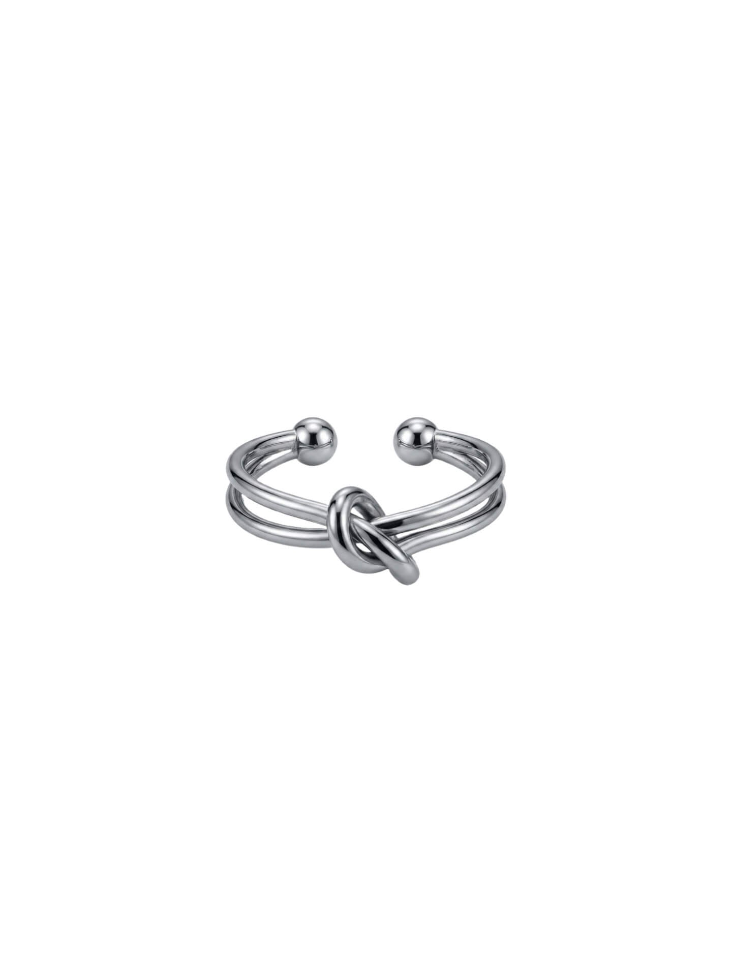 Adjustable silver knot ring with ball ends, surgical grade stainless steel waterproof jewelry, minimalist nautical knot design on white background.