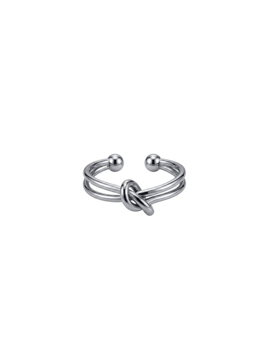 Adjustable silver knot ring with ball ends, surgical grade stainless steel waterproof jewelry, minimalist nautical knot design on white background.