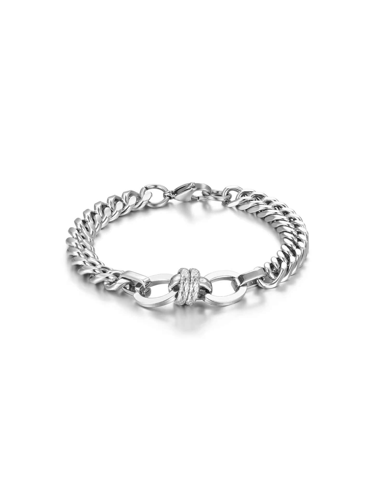 Professional studio shot of silver premium stainless steel mens geometric knot link chain bracelet on pure white background⁠