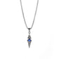 Professional product studio shot of Monora Studio silver geometric dagger pendant with blue rhinestone center on pure white background⁠