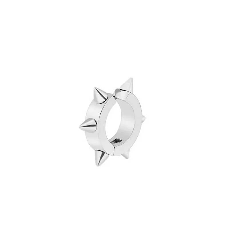 Monora Studio high-quality stainless steel spike hoop earring, hypoallergenic hinged closure, edgy minimalist jewelry.