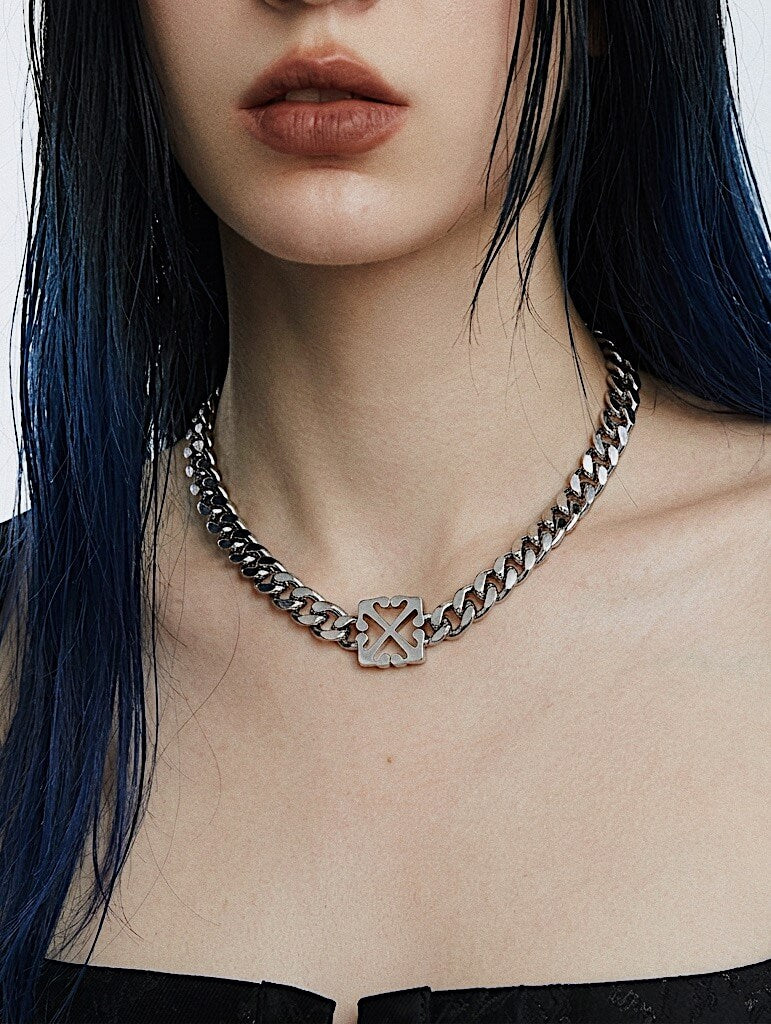 Alternative e-girl streetwear style look featuring Monora Studio heavy metal cross medallion Cuban choker necklace⁠