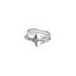 Minimalist silver katana blade open ring, surgical grade stainless steel waterproof jewelry, detailed Japanese spirit blade ring on white background.