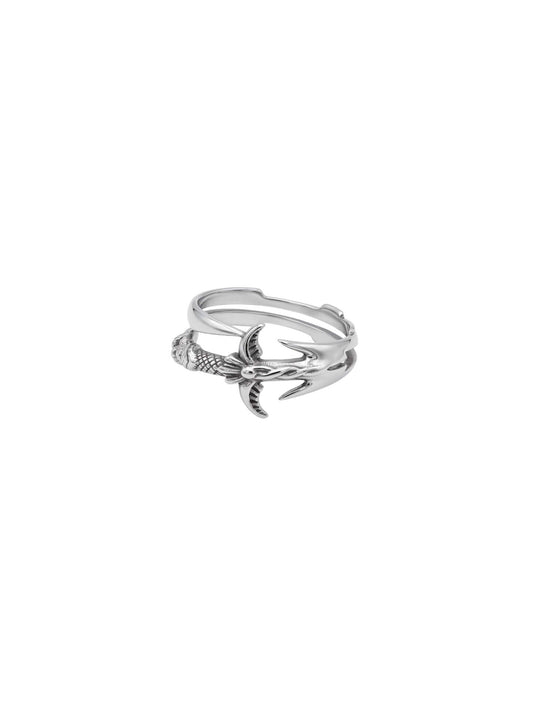 Minimalist silver katana blade open ring, surgical grade stainless steel waterproof jewelry, detailed Japanese spirit blade ring on white background.