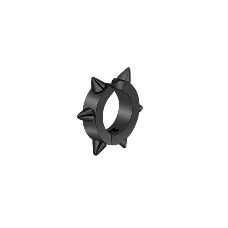 Monora Studio high-quality stainless steel spike hoop black earring, hypoallergenic hinged closure, edgy minimalist jewelry.