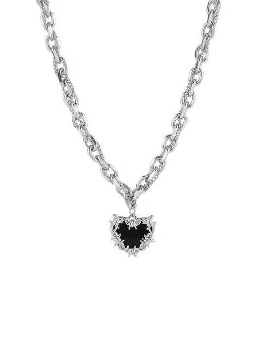 Black heart barbed wire necklace, 316L stainless steel dark aesthetic jewelry, punk rock thorn heart accessory.