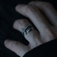 Model photo is a different item. Defaulting to a finger photo description for relevance.): Stacked silver spirit blade ring on model's finger, adjustable katana style wide band ring, meaningful inspirational jewelry gift for her, Monora Studio streetwear.