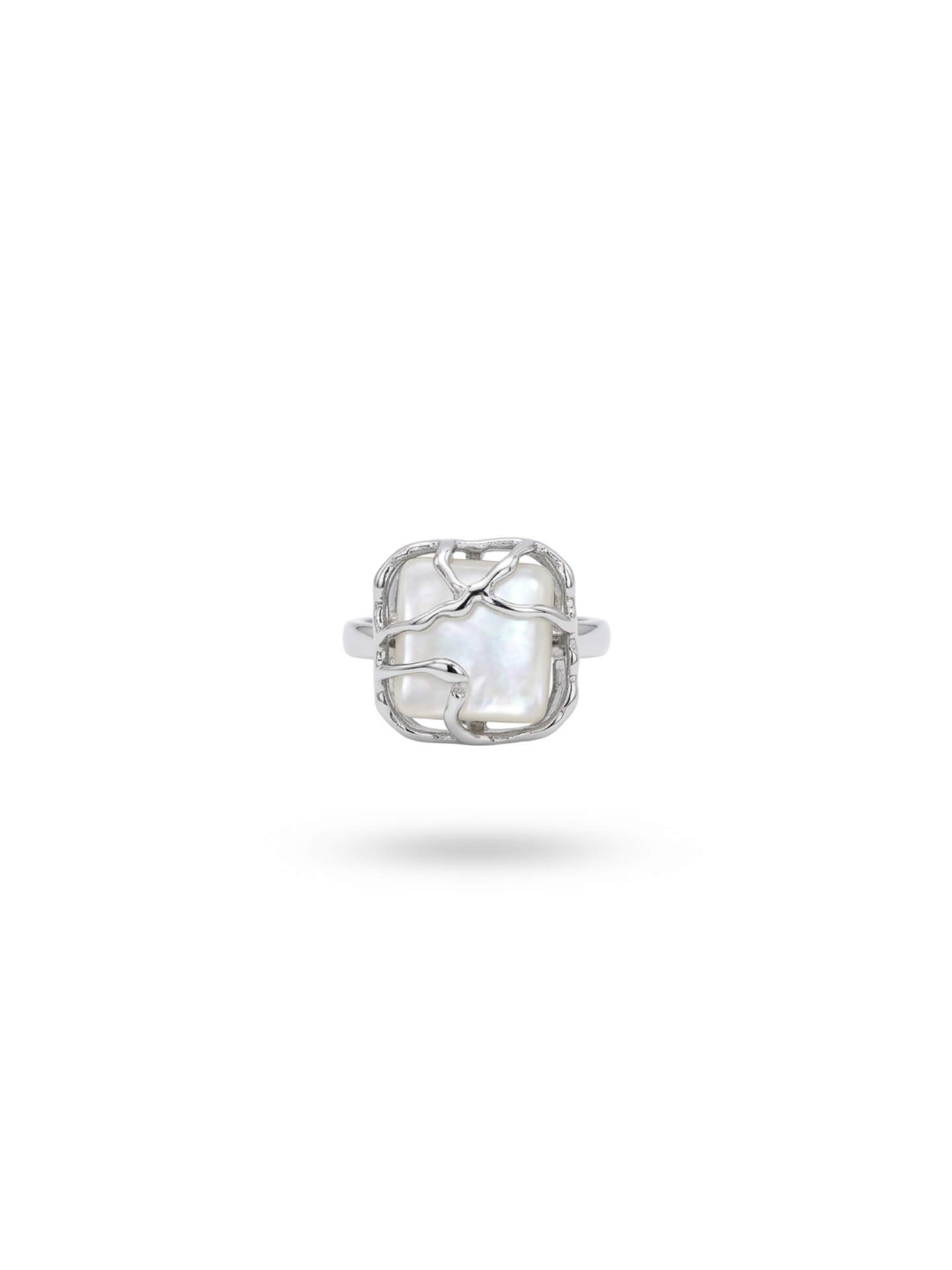 Minimalist square signet ring featuring natural mother of pearl inlay, moonlight-inspired glow on 925 sterling silver.