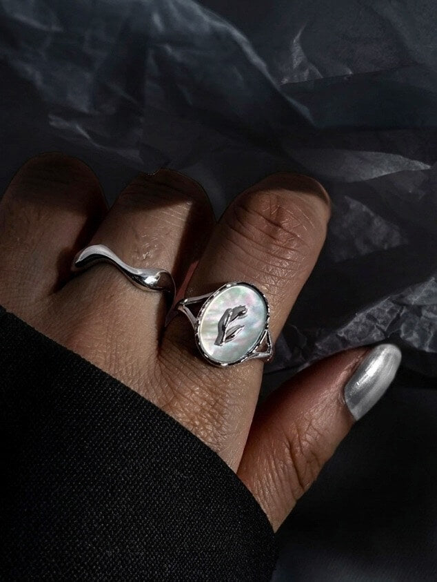 Handcrafted 925 sterling silver ring with a glowing square Mother of Pearl inlay, celestial aesthetic jewelry by Monora Studio.