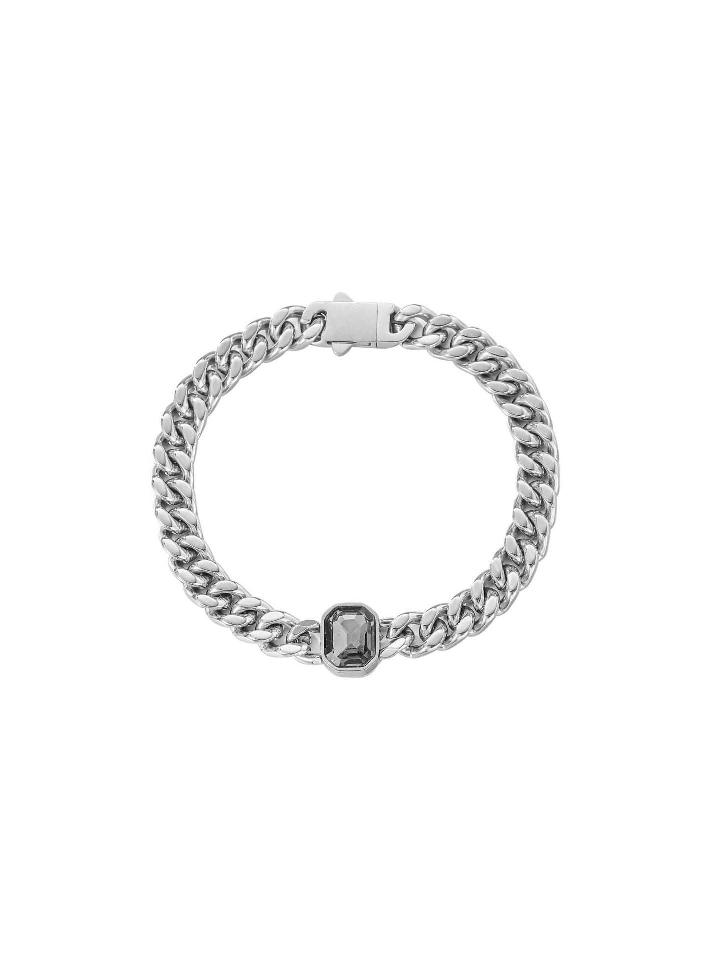 High-polish silver color Cuban chain bracelet with grey stone centerpiece, minimalist darkwear accessory.