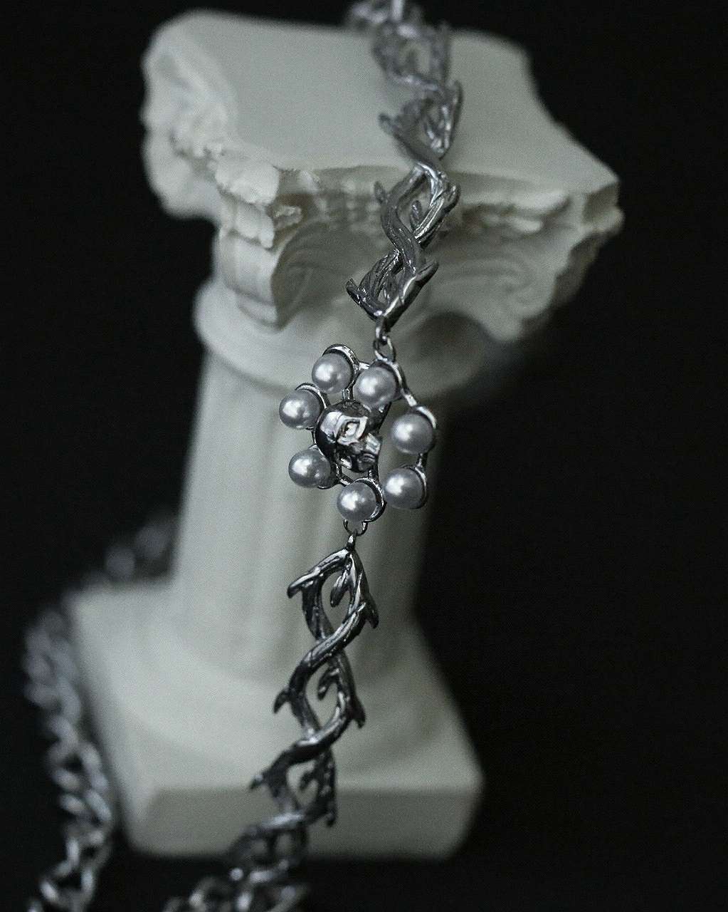 Monora *Ghostly Blossom* Necklace - Haunting Pearl-Encrusted Skull Design