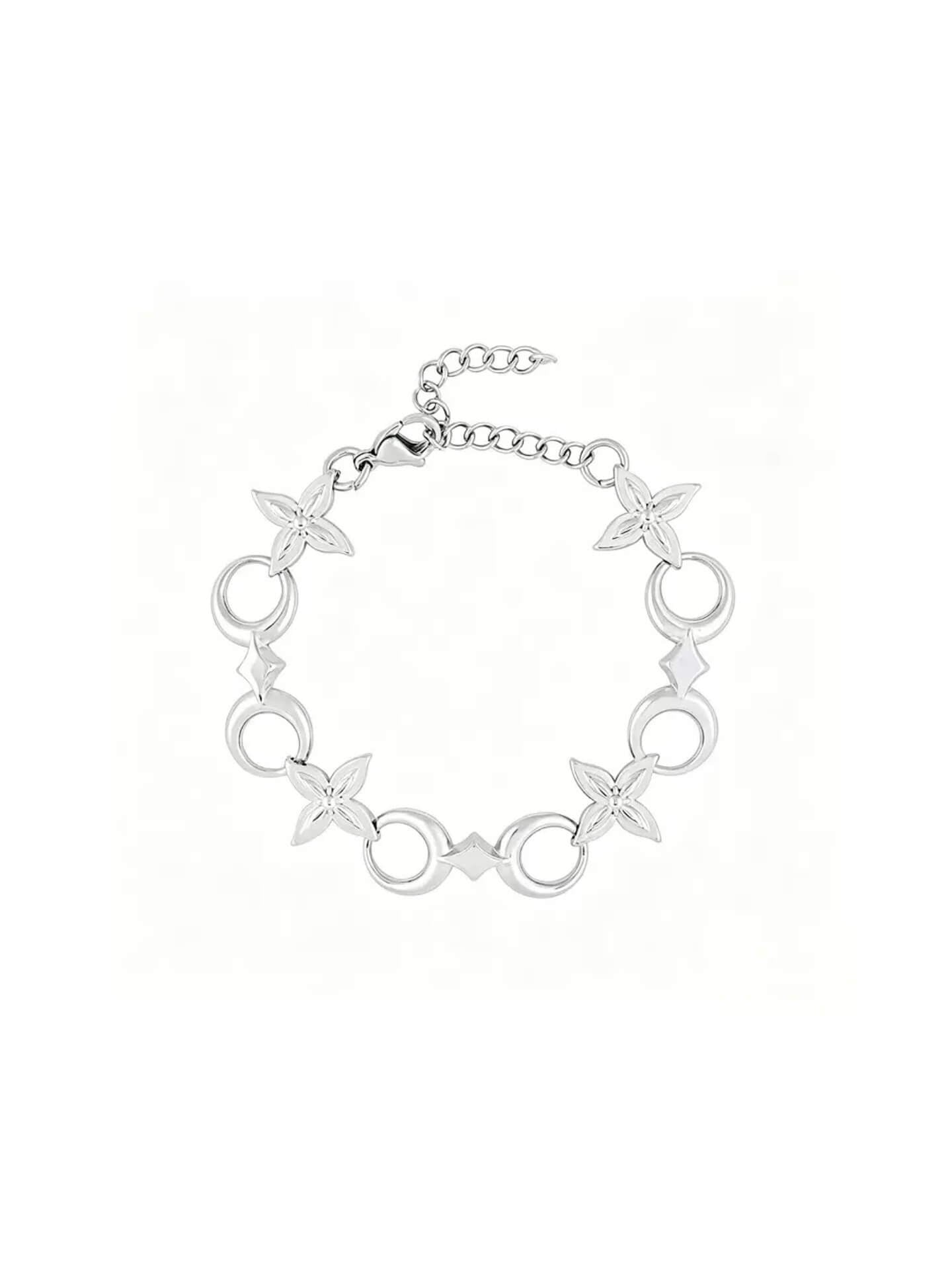 Monora Studio silver premium stainless steel Y2K celestial gothic clover charm bracelet on pure white background