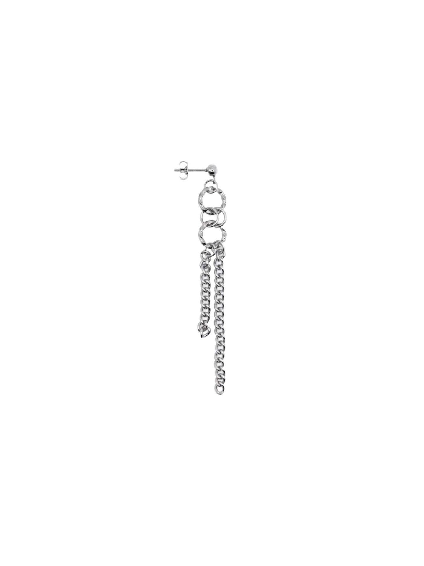 Long stainless steel tassel drop earring with interlocking rings and double curb chains, minimalist industrial silver jewelry, Monora Studio.