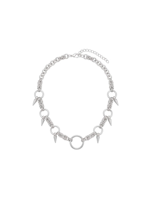 Model wearing Monora Studio stainless steel O-ring spike choker necklace with alternative minimalist streetwear style⁠