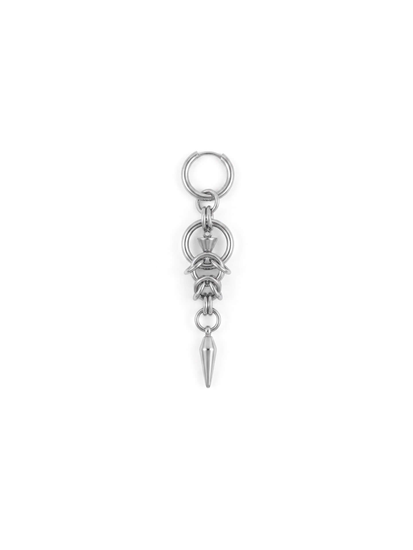 Professional studio shot of single silver color premium stainless steel punk hoop earring with cone spike charm on white background⁠