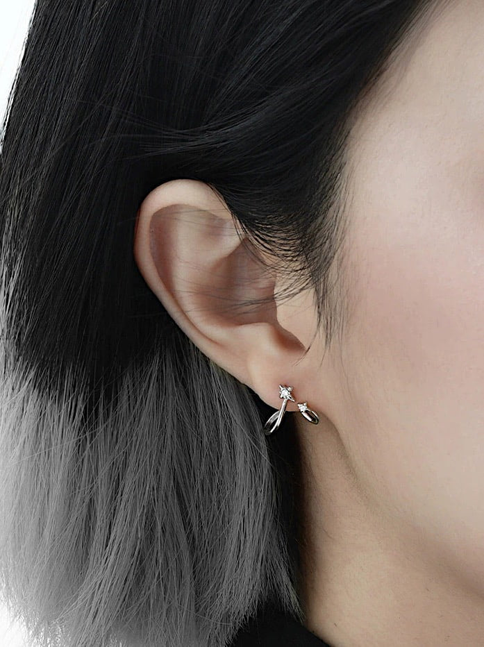 925 sterling silver star earrings with asymmetrical wave loop design, minimalist and edgy look.