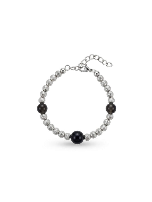 Monora Studio handcrafted Dark Academia style beaded bracelet featuring textured sterling silver, grey Tiger's Eye, and central Black Obsidian natural stone beads. Adjustable stainless steel chain clasp.